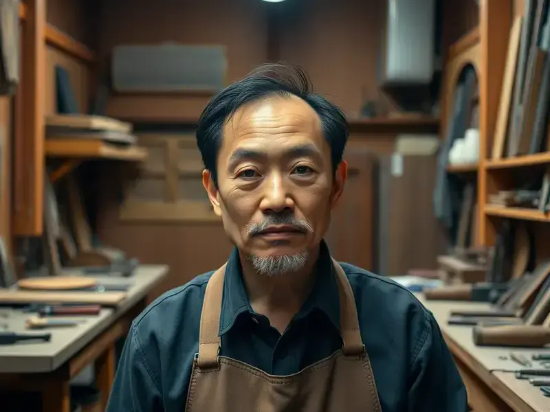 横浜の工房内部、修復途中の骨董品たちが並ぶ様子